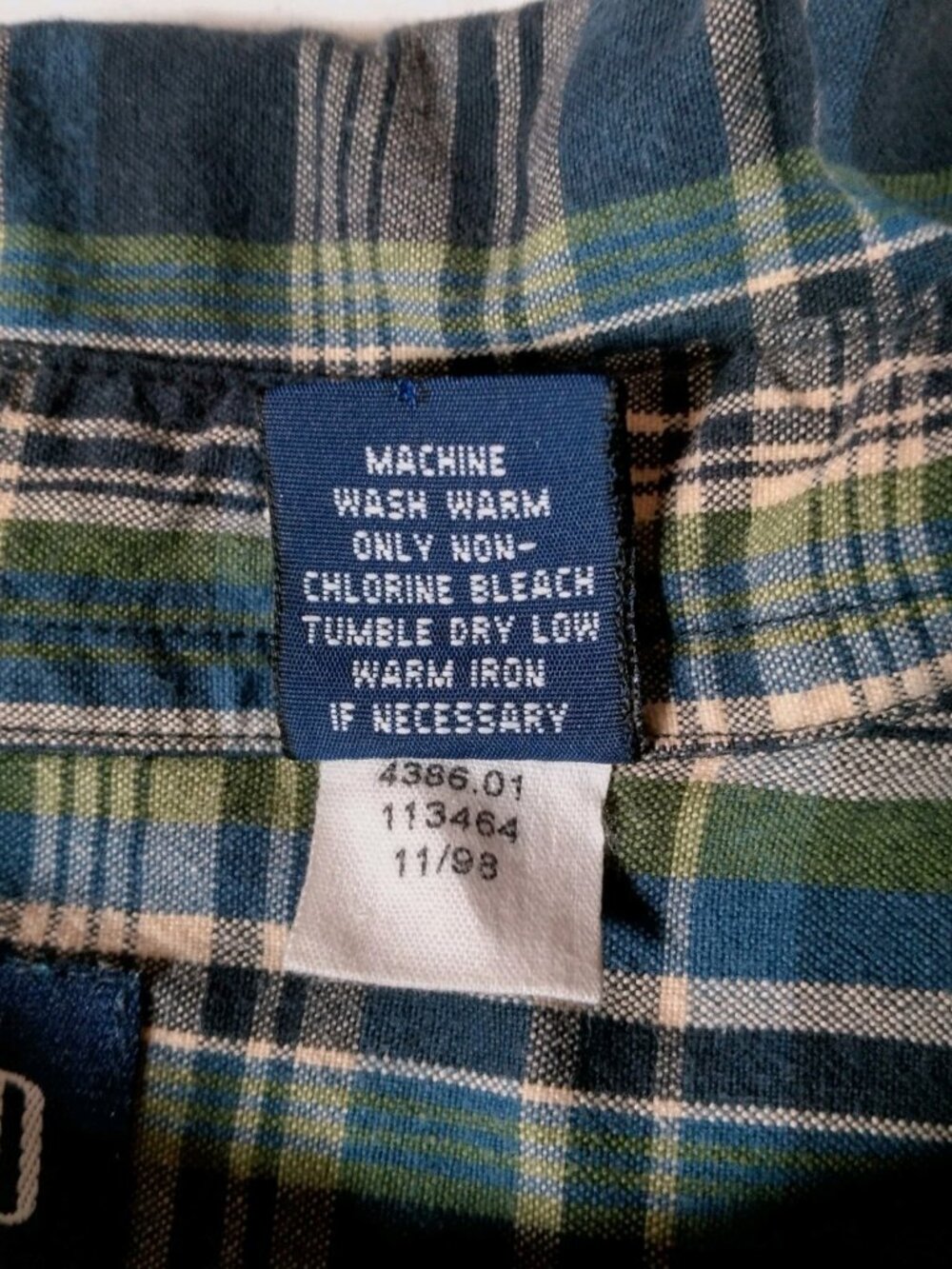 Vintage 1990s GAP Shirt Large Madras Plaid Green Blue Short Slv Grunge Preppy - Picture 5 of 10